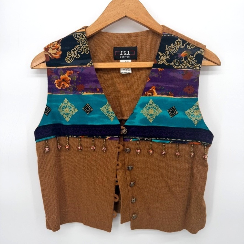 JSJ Colorful Fabric Beaded Yoke Sleeveless Vest Woven Knit Country Core Size 10P